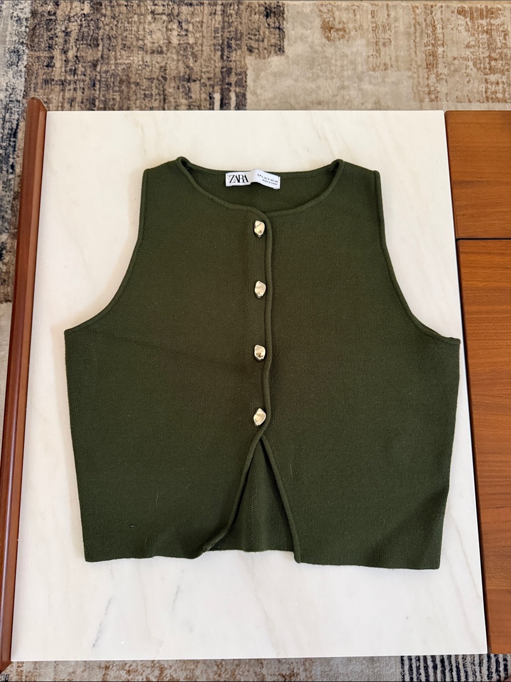 Zara Dark Olive Button-Front Knit Vest with Gold Buttons